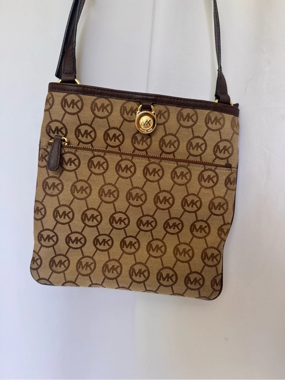 Michael Kors Tan and Brown Monogram Crossbody Bag